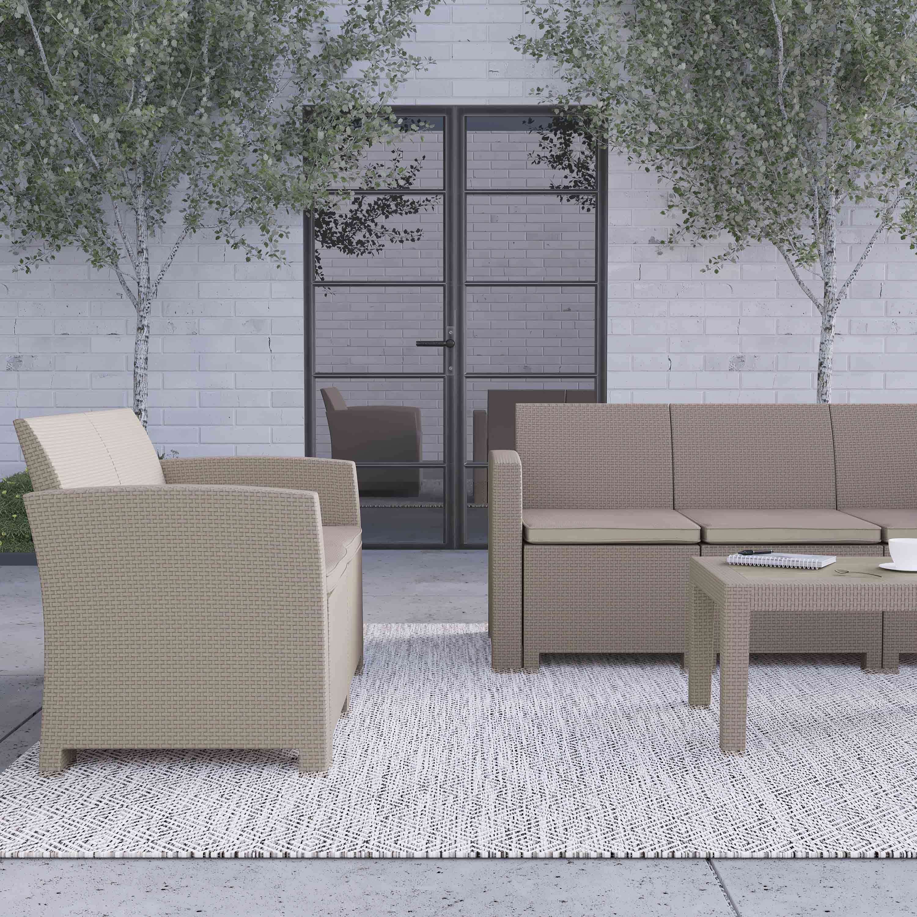 Merrick Lane 4 Piece Light Gray Faux Rattan Patio Furniture Set with Included Cushions, Chair, Sofa, Loveseat and Coffee Table