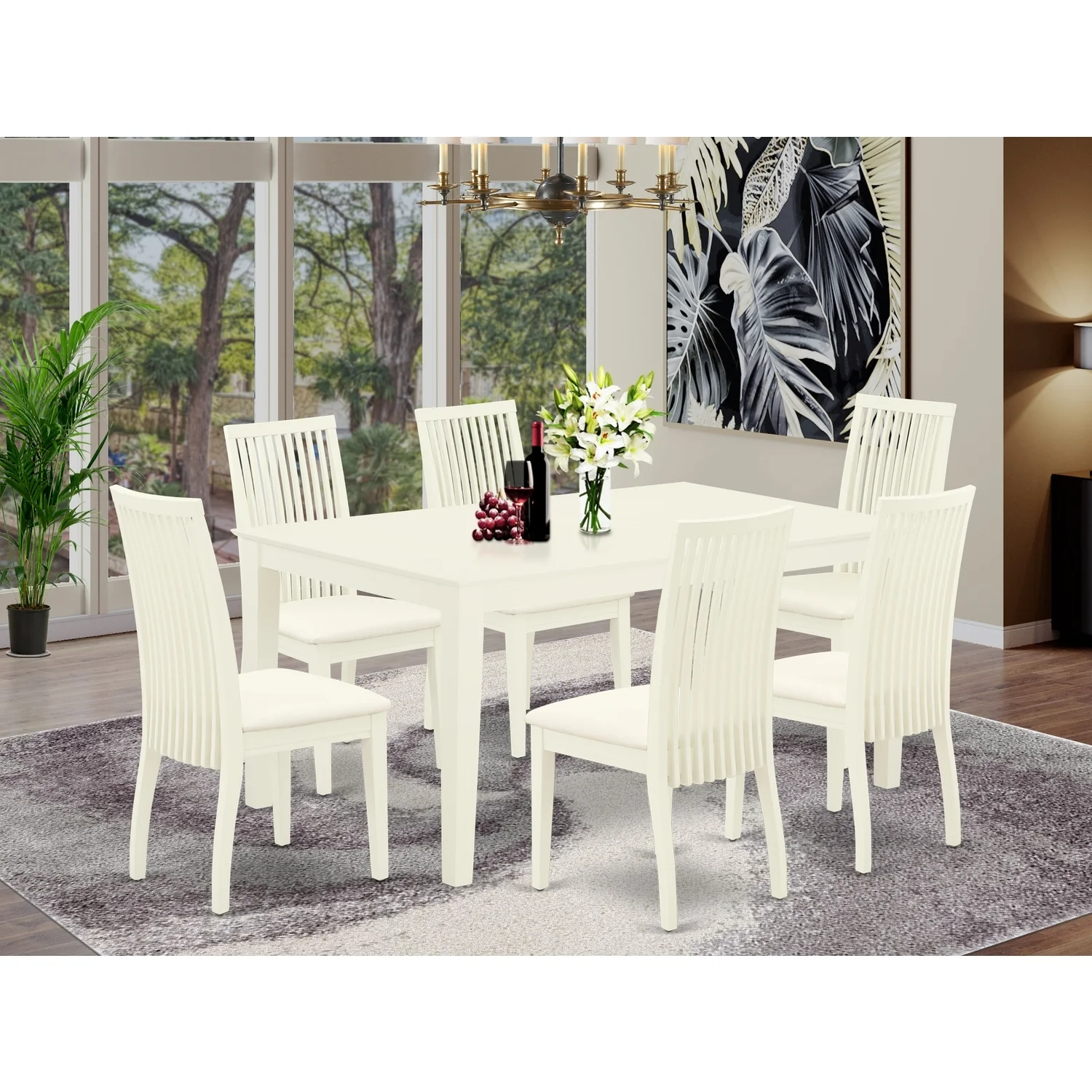 HomeStock Mountain Lodge 7Pc Dinette Set Includes A Rectangular Kitchen Table And Six Linen Seat Dining Chairs, Linen White Finish