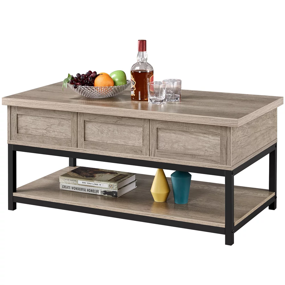 Topeakmart Wooden Lift Top Coffee Table with Hidden Compartments, Classic Gray