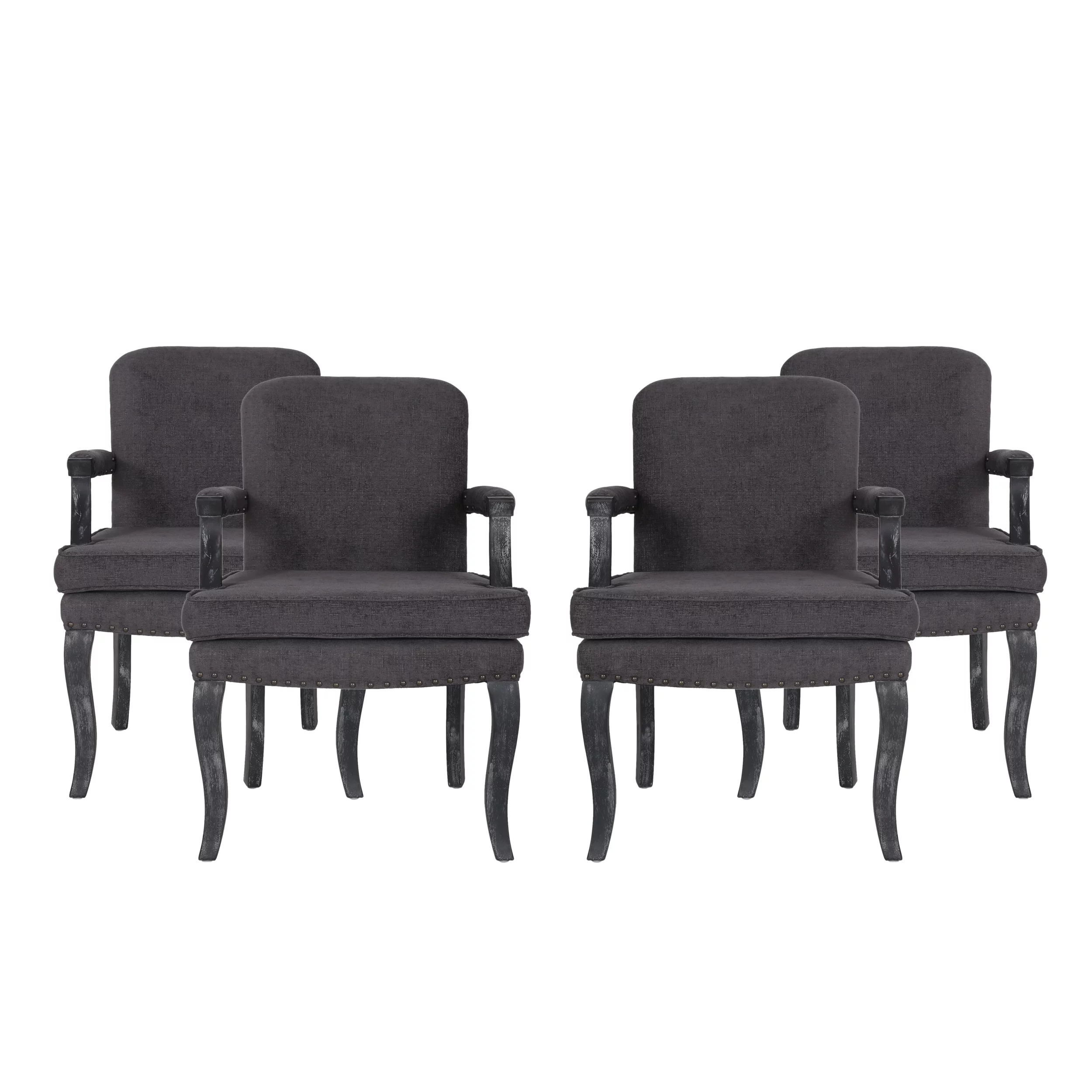 Noble House Ardson French Fabric Dining Arm Chair Set of 4, Gray, Natural