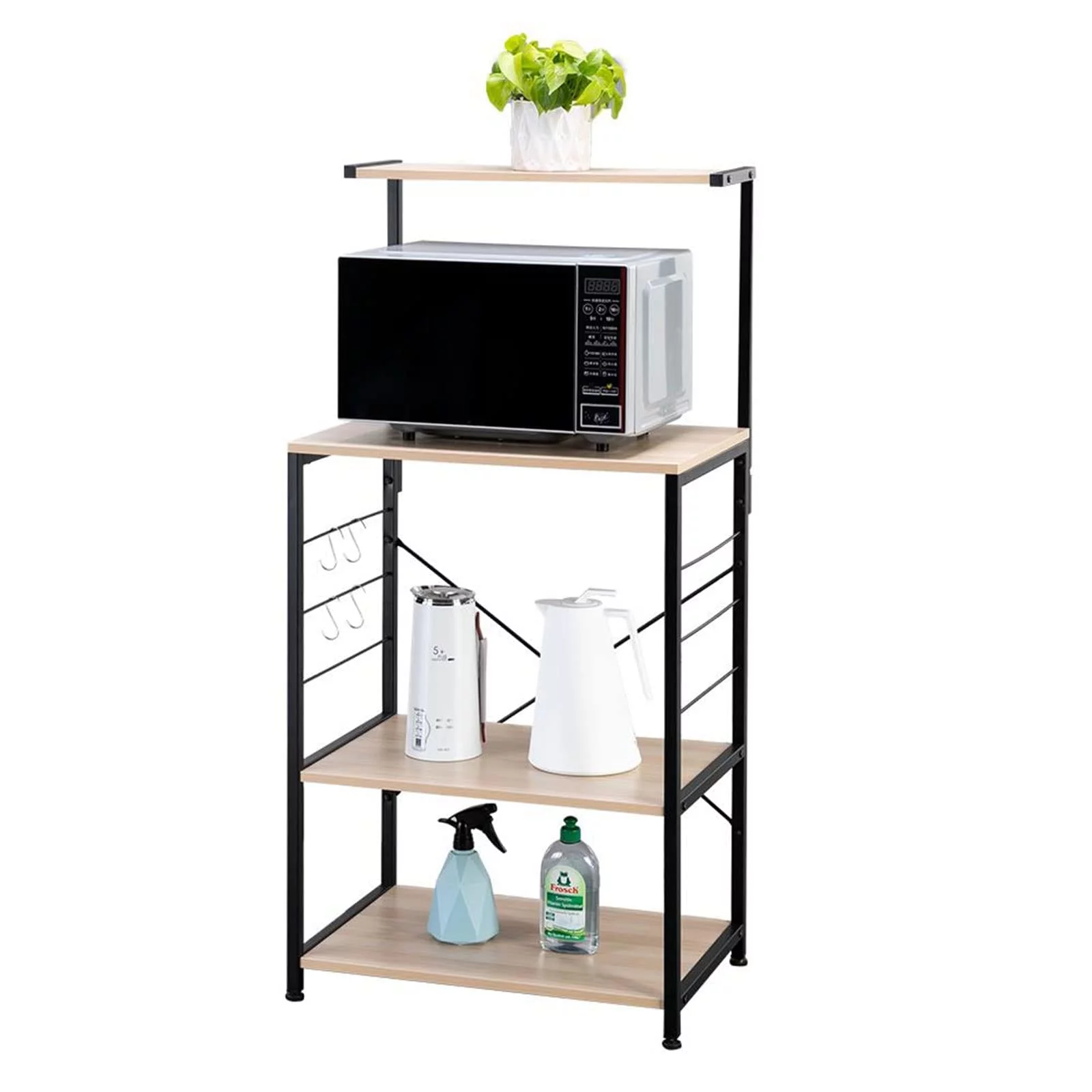 4 Tier Standing Baker's Rack, Microwave Oven Stand with 4 Hooks, Coffee Station, Utility Kitchen Storage Shelf for Spices/Pots/Pans (Oak, 23.6