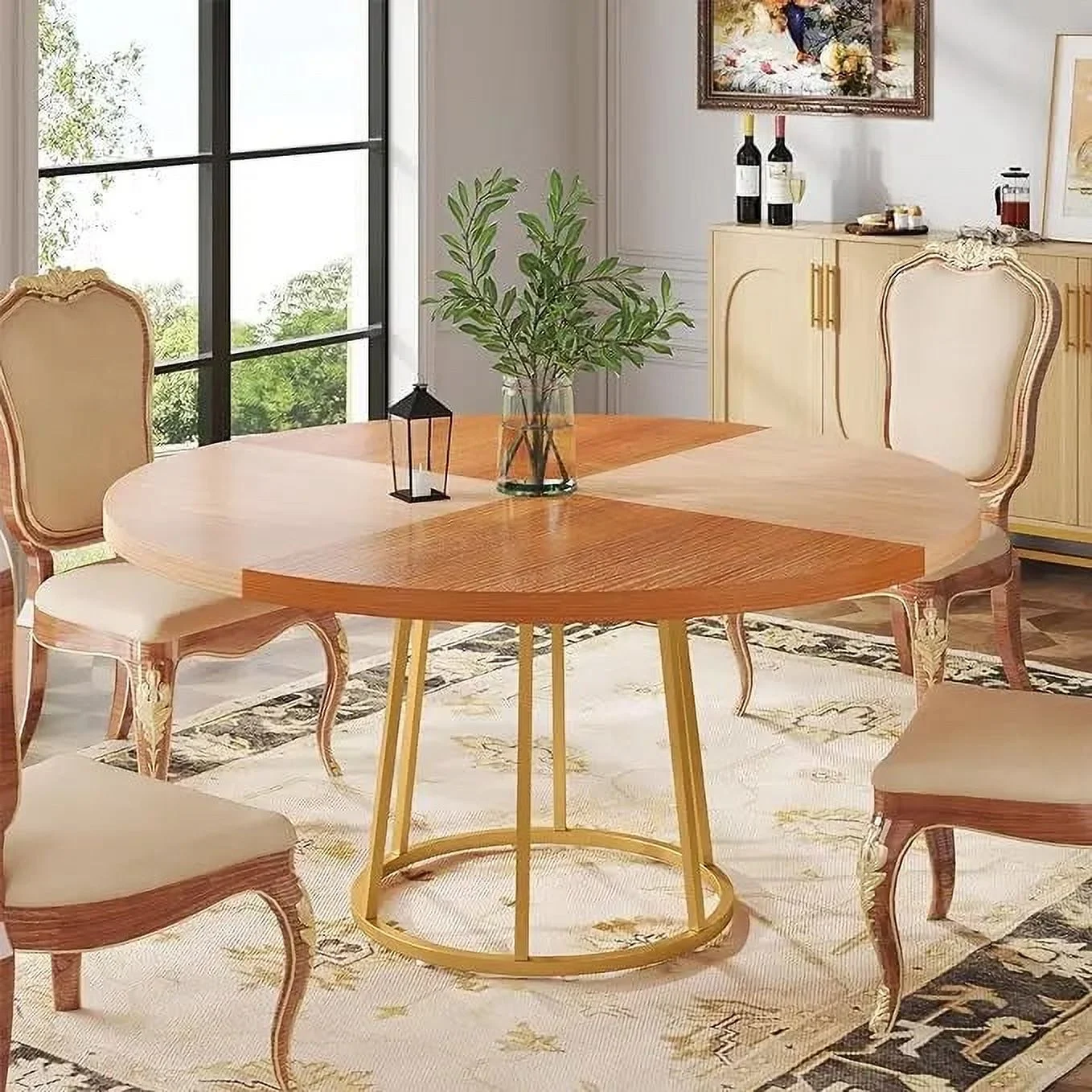 Tribesigns 47 Inches Round Dining Table for 4 People, Golden Kitchen Tables Dinner Table with 2-Tier Storage Shelves