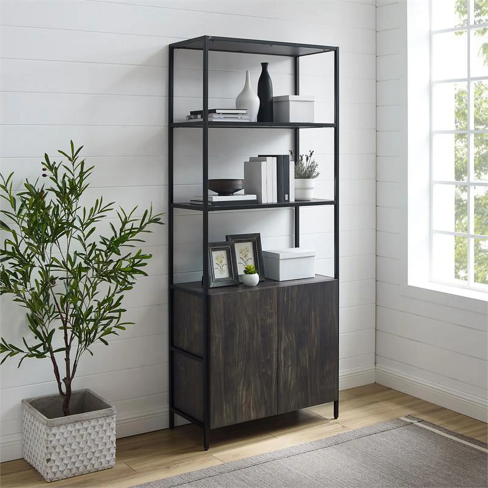 Bowery Hill Large Modern Wood/Steel Etagere in Brown Ash/Matte Black