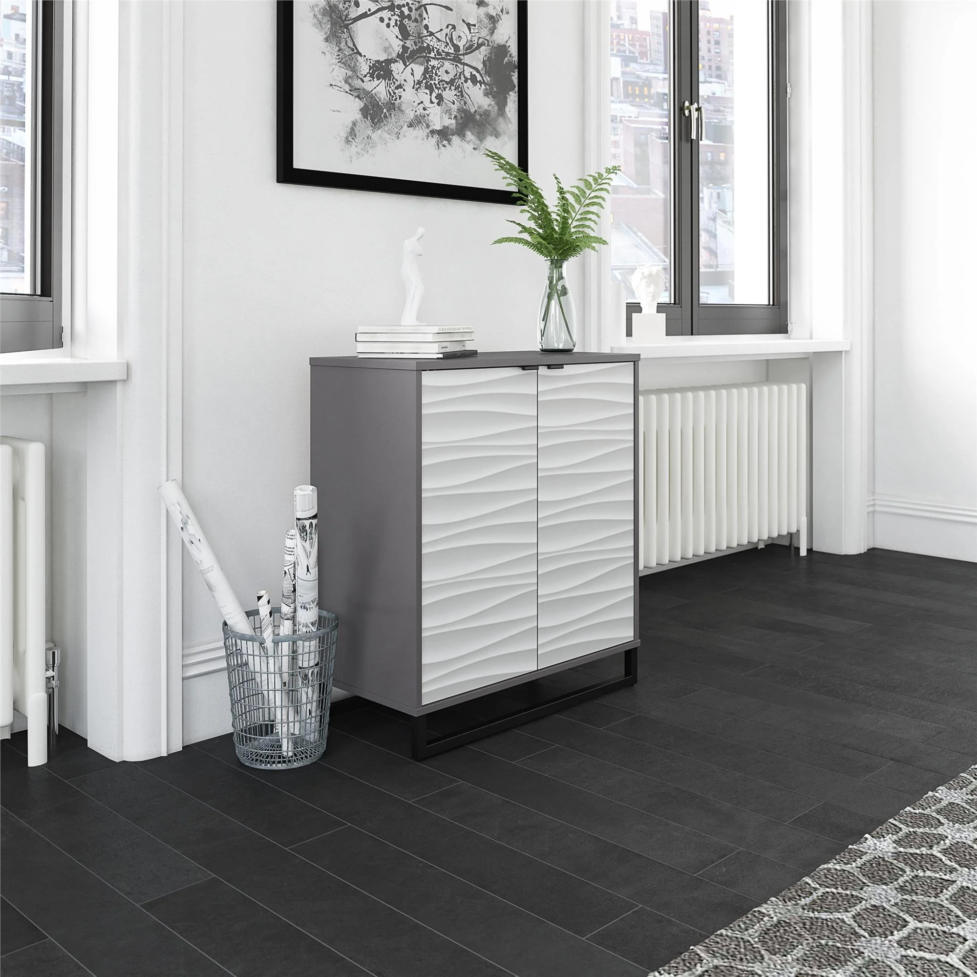 Ameriwood Home Monterey Two-Door Accent Cabinet, Faux Wave Pattern with Graphite