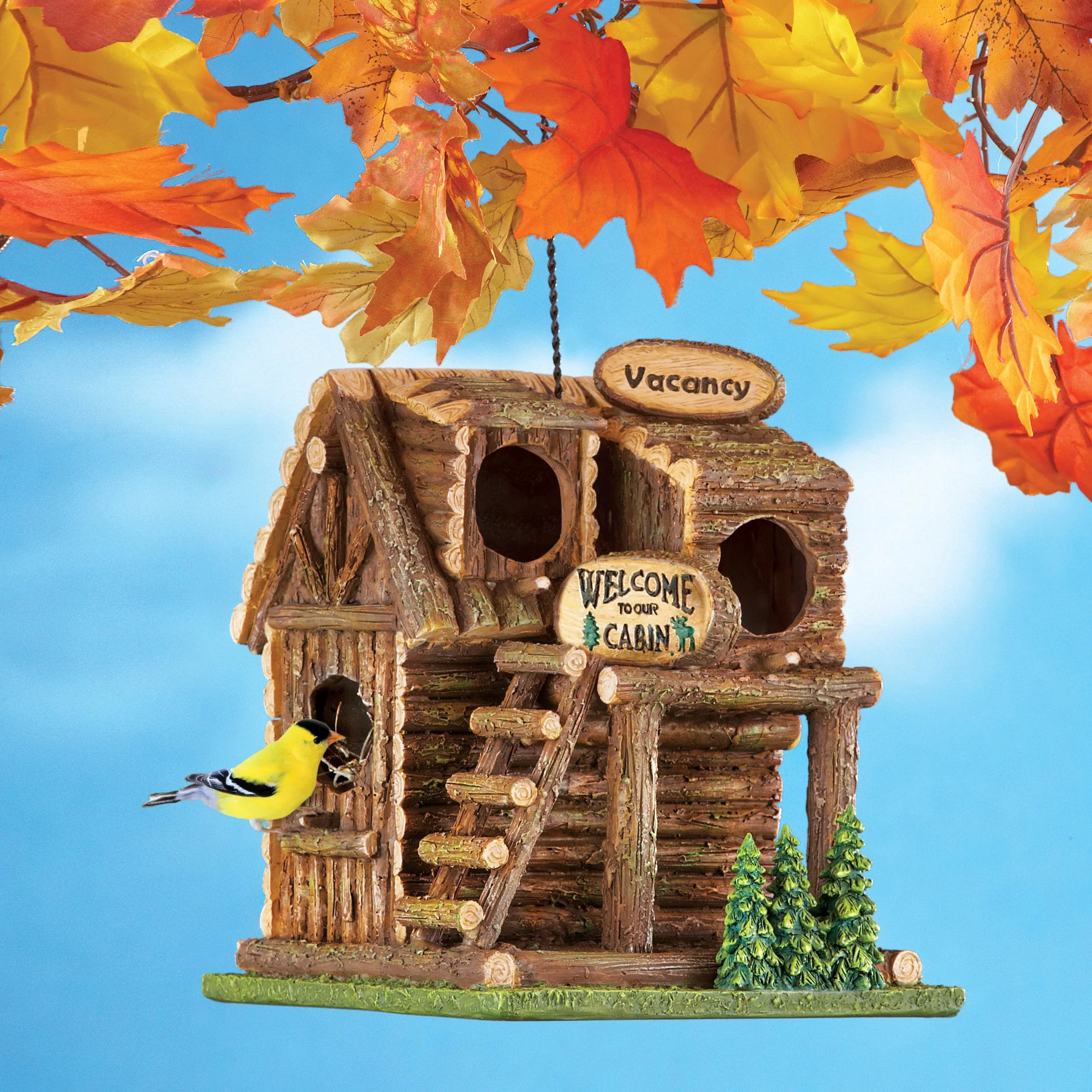 Collections Etc Hanging Northwoods Log Cabin Birdhouse with Chain and Hook - Hand Painted Birdhouse with Three Bird Entry Holes and Back Access Door for Easy Cleaning