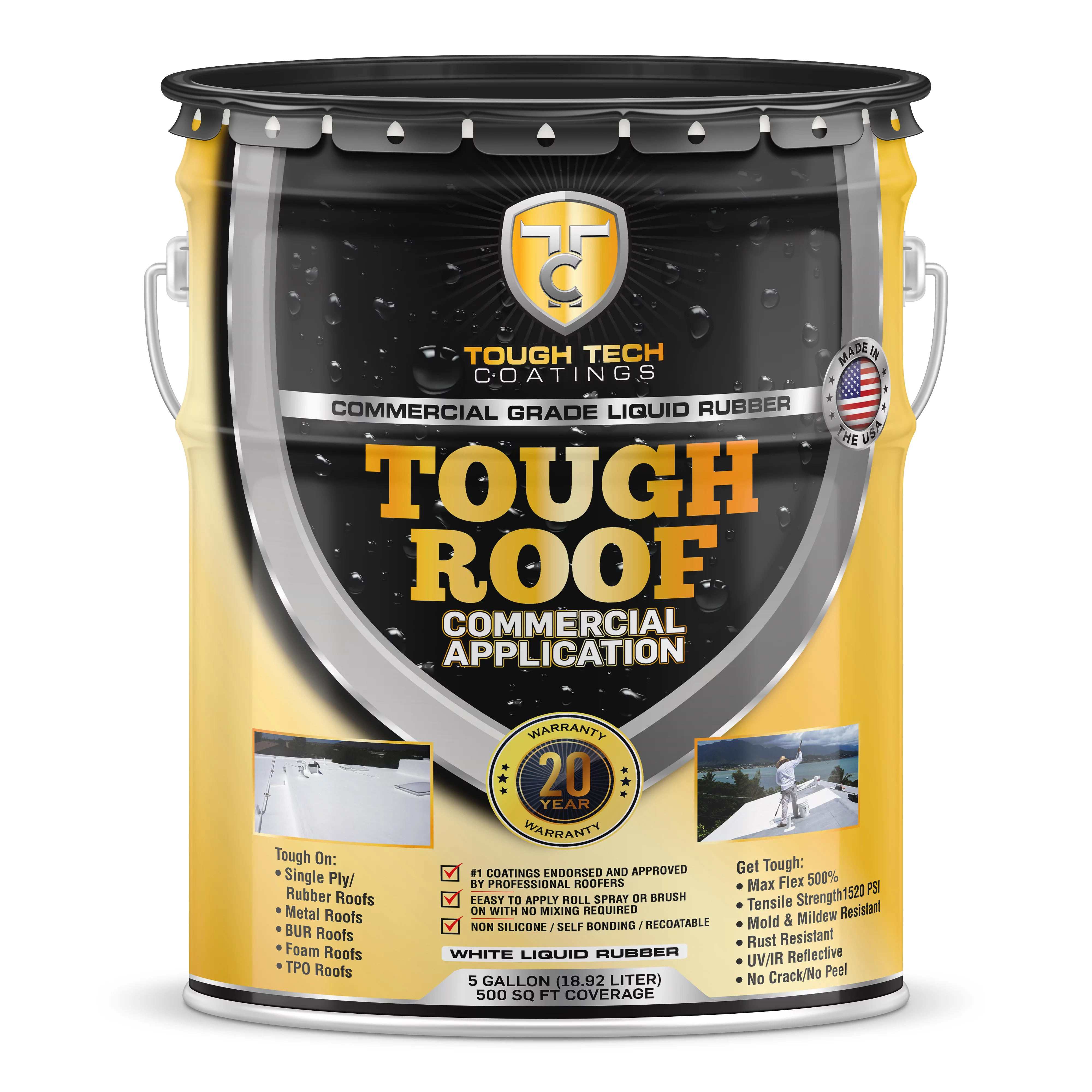 Tough Tech Coatings Tough Roof Butyl Liquid Rubber Roof Coating, 5 Gallon, White, Easy to Apply