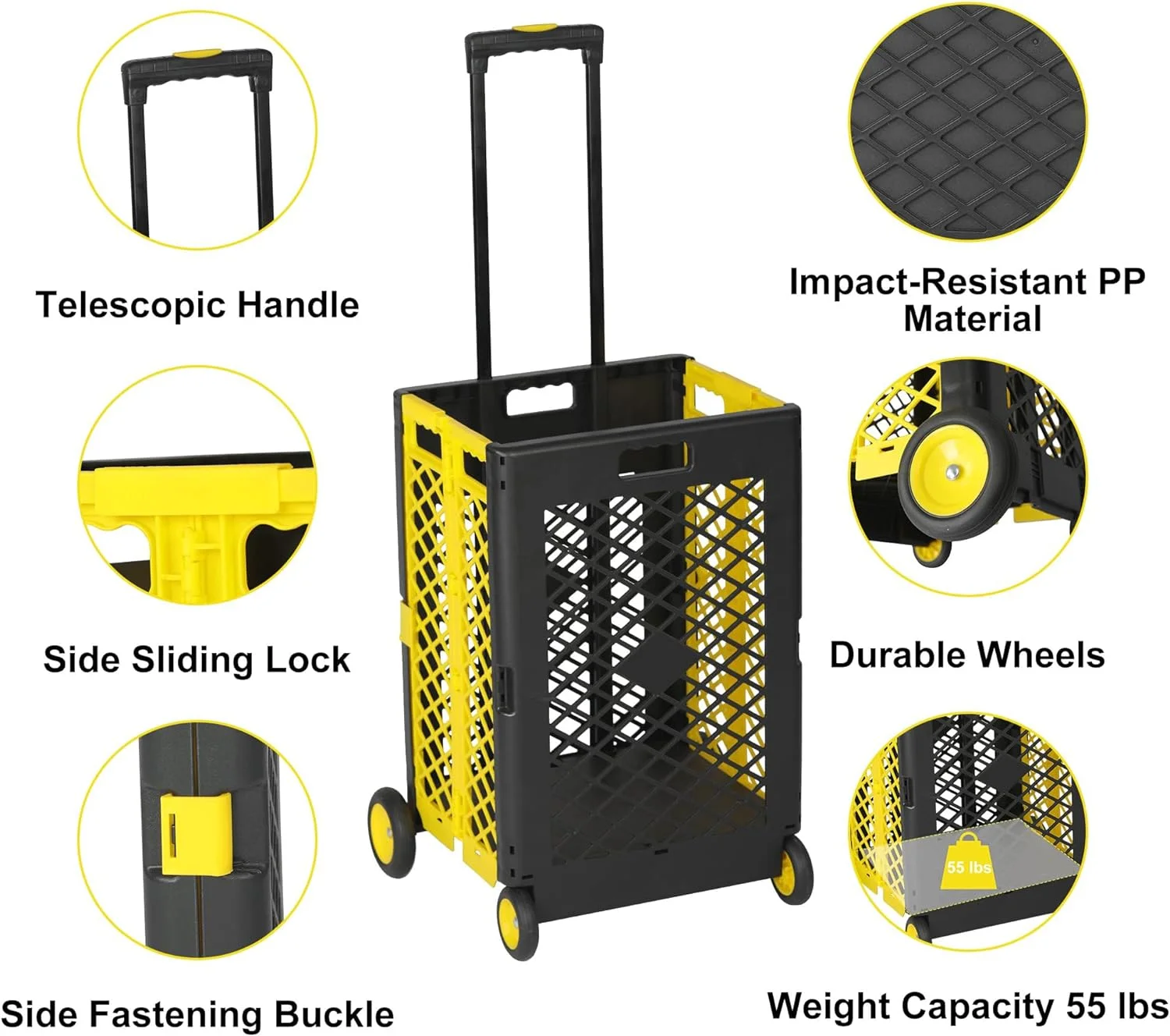 Foldable Utility Rolling Crate With Wheels, Portable Shopping Cart With Durable Heavy Duty Telescopic Handle, Rolling Cart For Carrying Books, Laundry, Travel Office Use, Yellow, Medium