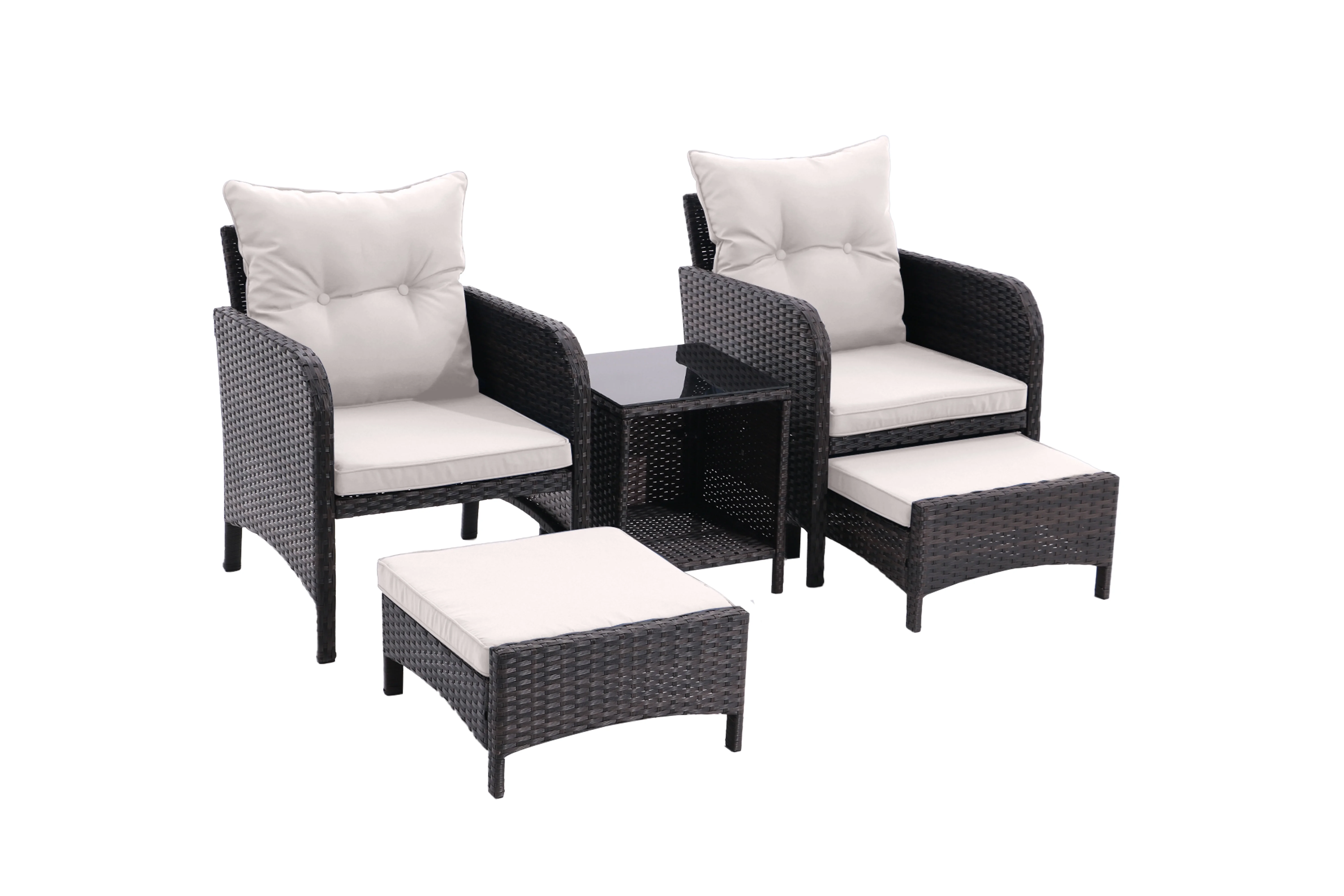 5 Piece Outdoor Patio Furniture Set,All Weather PE Rattan Conversation Chairs with Armrest and Removable Cushions,Ottomans and Storage Coffee Table for Poolside Garden Balcony Deck(Beige,Blue,Grey)