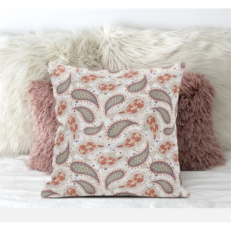 Paisley on Abstract Suede Zippered Pillow with Insert in Cream Navy Blue