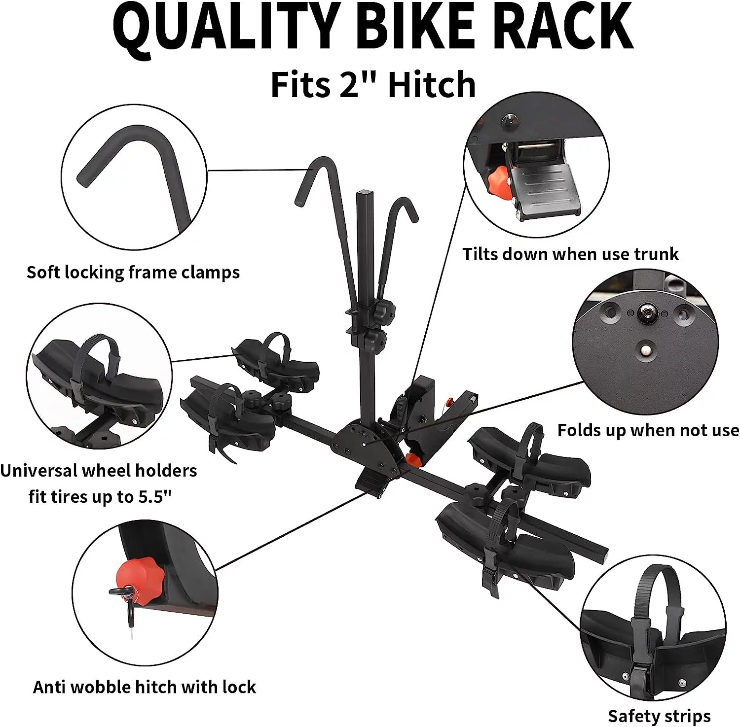 2 E Bike Rack Hitch Mounted, Wobble Free Smart Tilting Folding 2 Bicycle Electric Bike Racks, 2