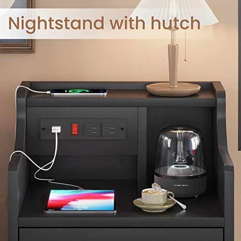 FDSHOIYN Nightstand with Charging Station  Night Stand with Hutch &  Drawers  End Table  Bedroom Grey