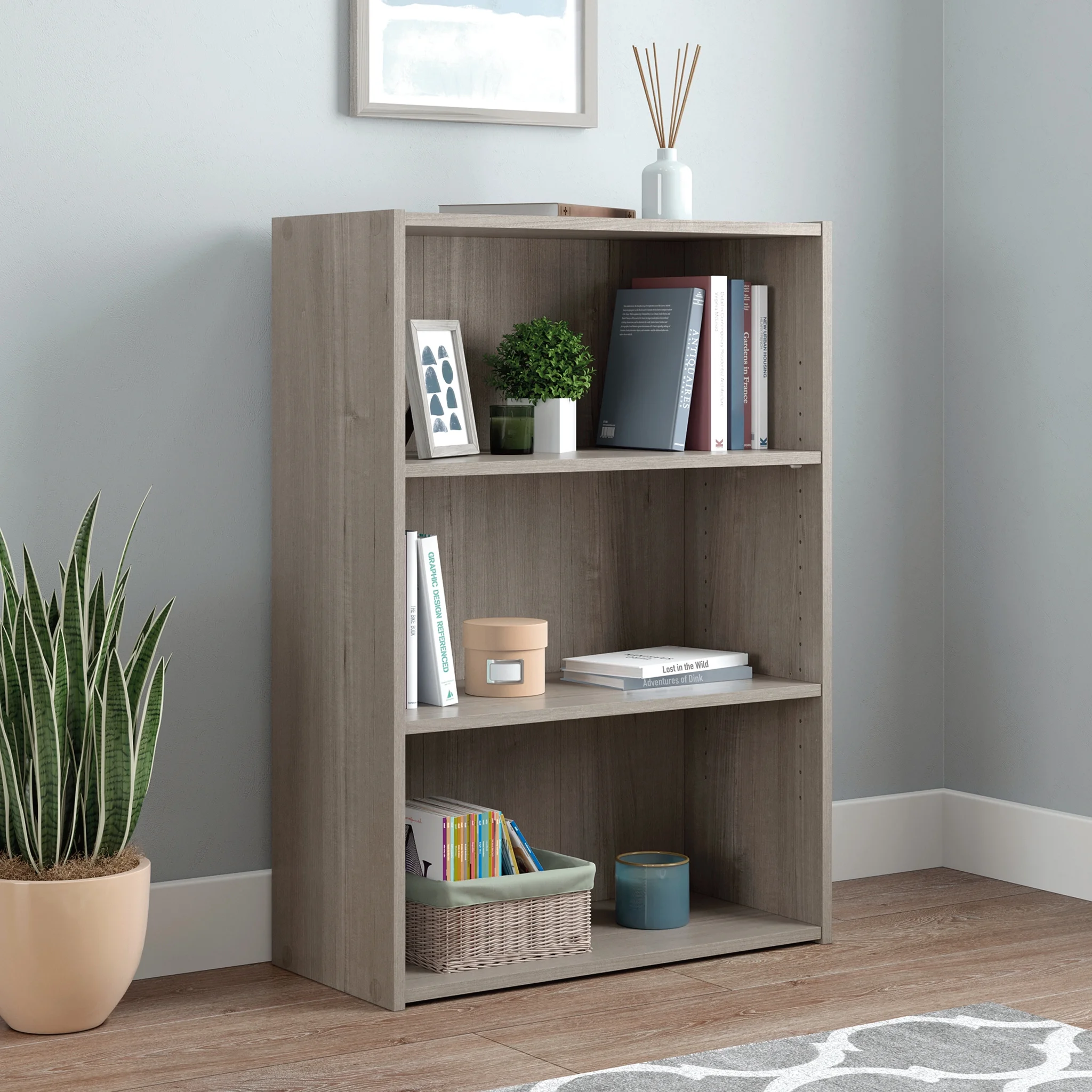 Sauder Beginnings Finish 3-Shelf Bookcase, Silver Sycamore Finish