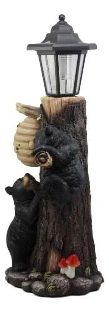 Large Climbing Black Bear Cubs With Beehive Statue W/ Solar LED Lantern Light