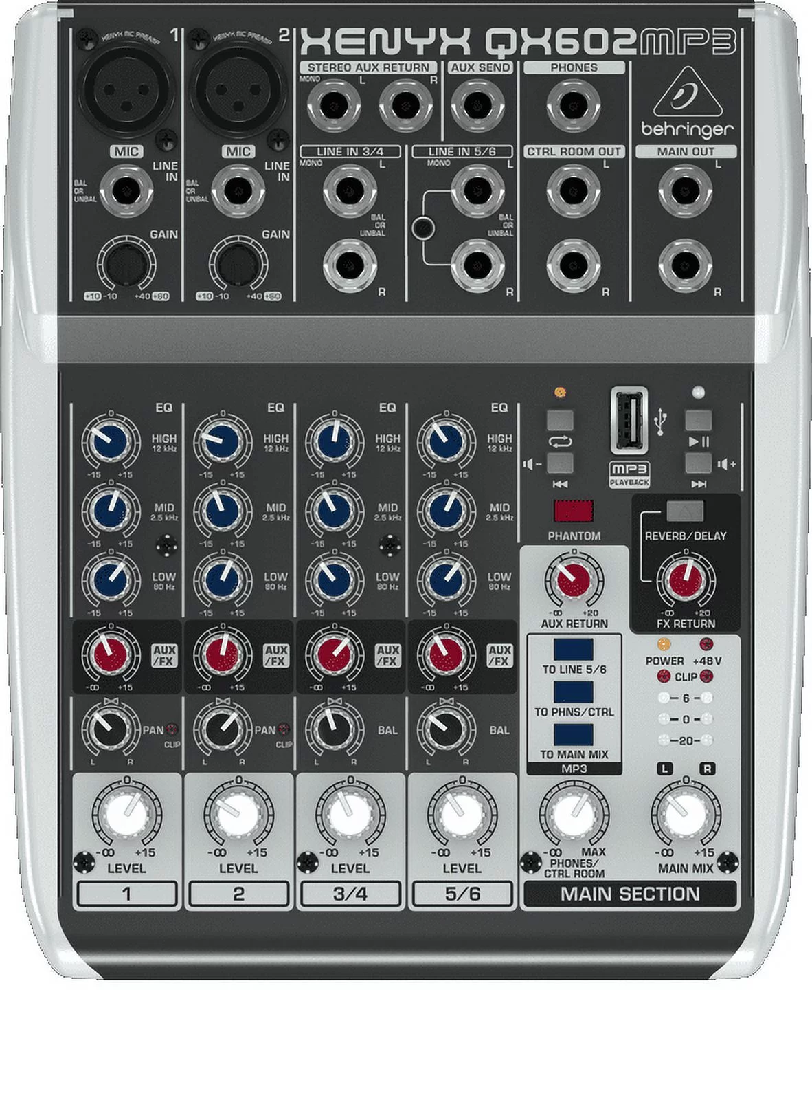 Behringer XENYX QX602MP3 Premium 6-Input 2-Bus Mixer w/ XENYX Mic Preamps, British EQs, MP3 Player & Multi-FX