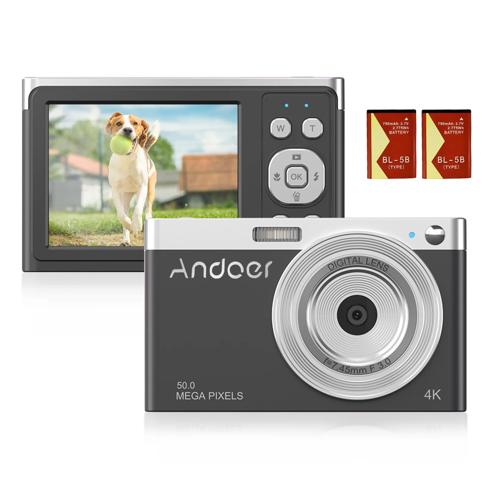 Andoer-2 Andoer Compact 4K Digital Camera Video Camcorder 50MP 2.88Inch IPS Screen Auto Focus 16X Zoom -shake Face Detact Smile Capture Built-in Flash with 2pcs Batteries Carry Bag Wrist Strap for Ki