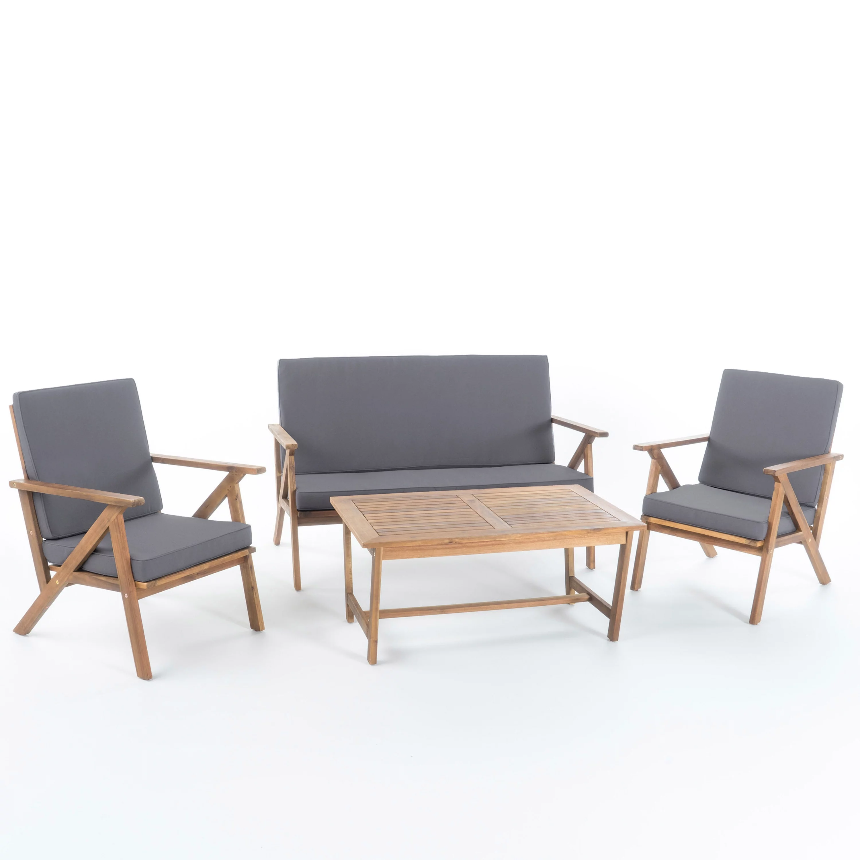 Manarola Outdoor 4-Piece 4-Seater Acacia Wood Conversation Sets, Teak Finish/ Grey