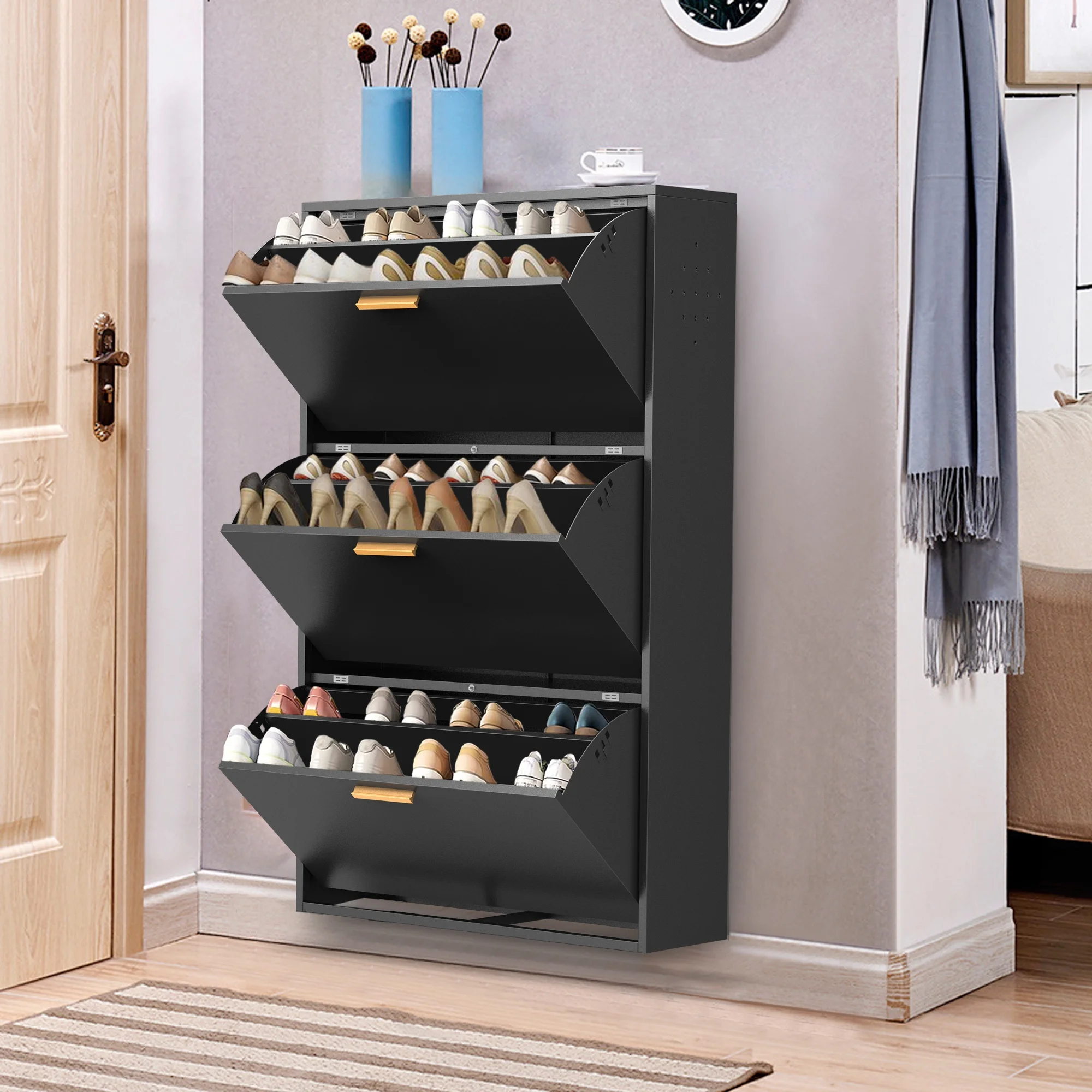Royard Oaktree Shoe Cabinet Freestanding Metal Shoe Storage Cabinet with 3 Flip Drawers Modern Narrow Shoes Organizer Large Shoe Rack for Entryway, Hallway, Bedroom,Black