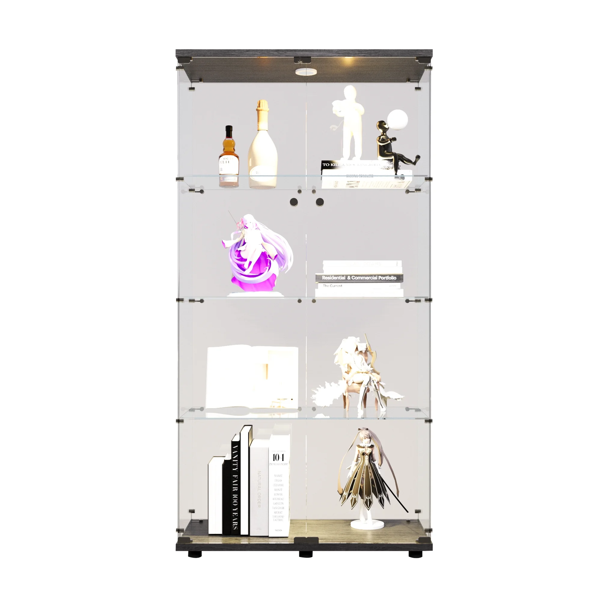 CoSoTower Two-Door LED Lights Glass Display Cabinet 4 Shelves with Door, Floor Standing Curio Bookshelf for Living Room Bedroom Office, 64.7