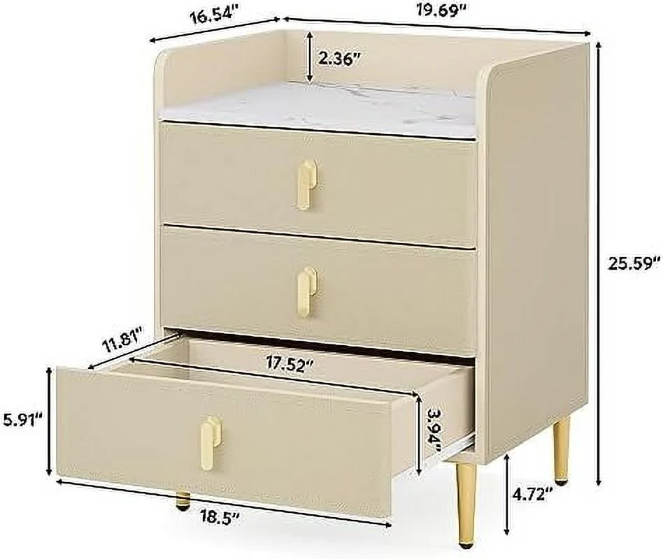 Nightstand with 3 Drawers   PU Leather Night Stand with   Tall Beside Table with Faux Marble Top for Bedroom(Dark Beige)