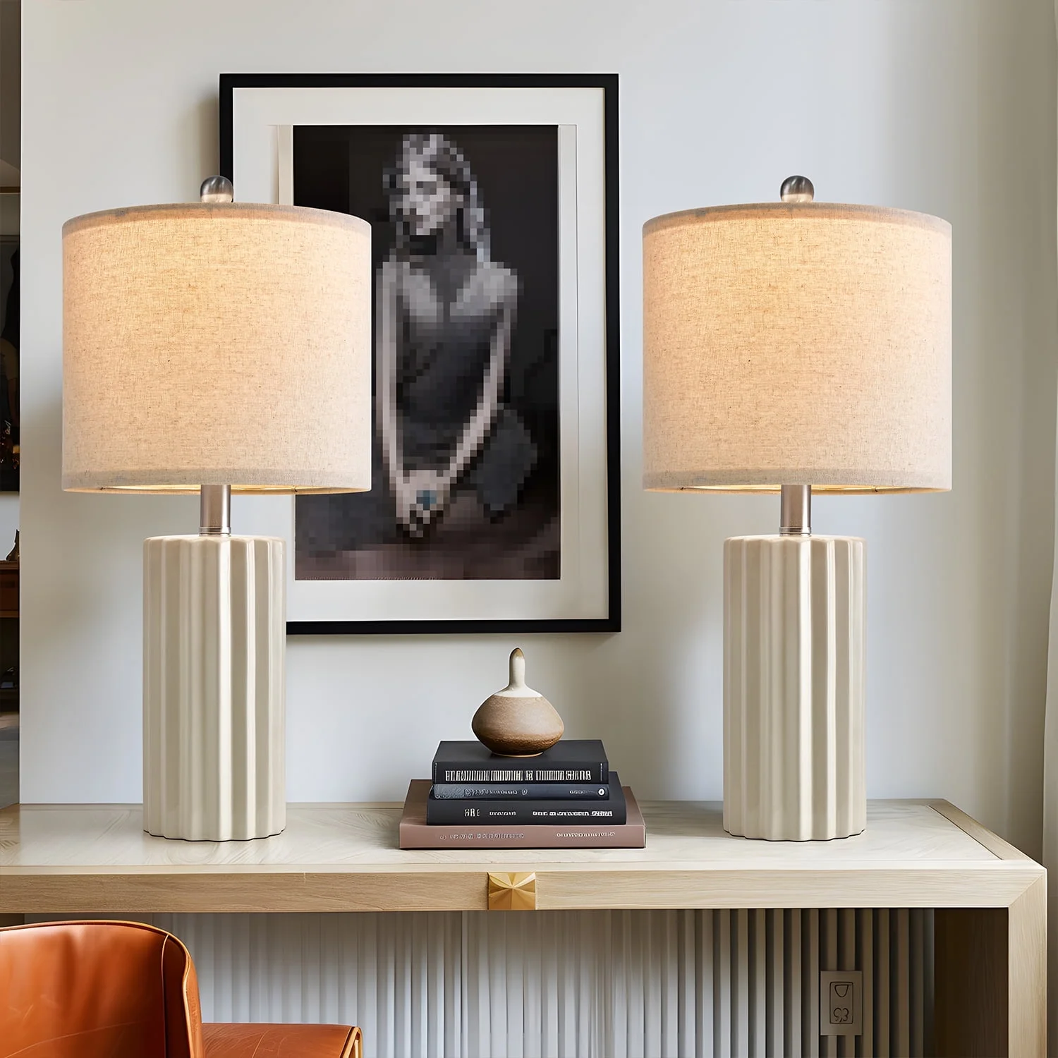 Oneach Modern Beige Ceramic Table Lamp Set of 2 for Living Room Bedroom 21