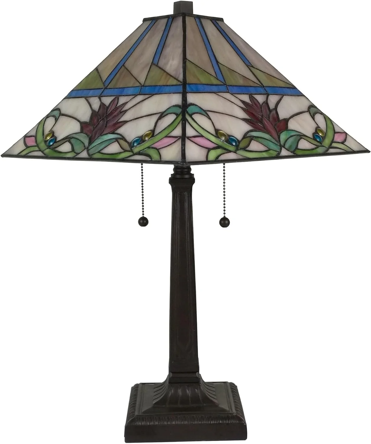 HYHBIBOOM Tiffany Style Table Lamp Banker Mission 22" Tall Stained Glass Tan Green Blue Red Floral Flower Vintage Antique Light Décor Living Room Bedroom Handmade Gift AM311TL14  Lig