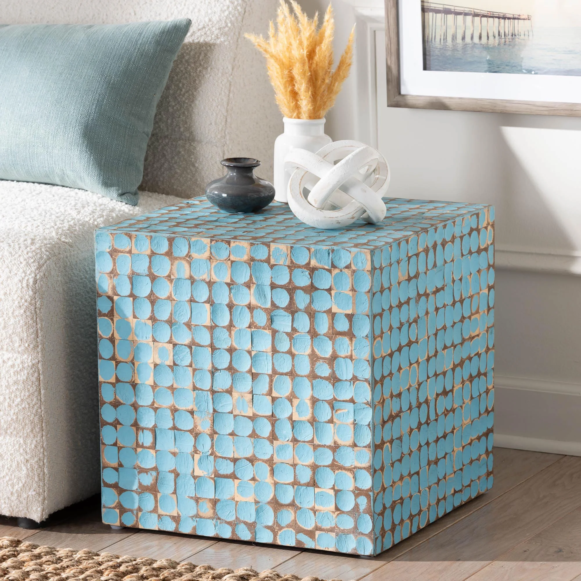 bali & pari Janella Boho End Table, Square, Sky Blue