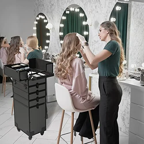5 in 1 Rolling Makeup Train Case Professional Large Storage Cosmetic Trolley Makeup Organizer Makeup Travel Case with Key Swivel Wheels Salon Barber Case Traveling Cart Trunk, 32.7