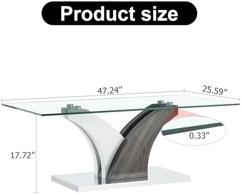 GEROBOOM Glass Coffee Table for Living Room  Modern Rectangular Center Table  47\u201D Living Room Table with Clear Tempered Glass Top and Steady Wood Color OO Shaped Base