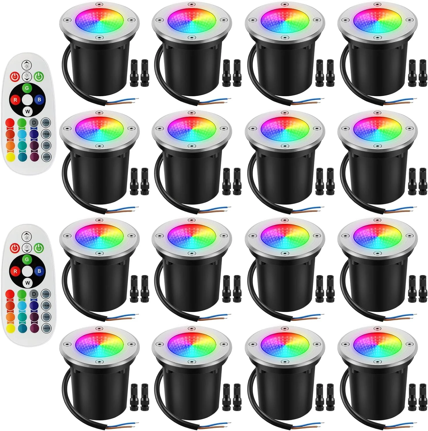 LIANMEI Low Voltage Landscape Lights 12W Color RGBW Warm White LED Well Landscape Lighting Color Changing IP67 Waterproof Outdoor 12V-24V for Pathway Garden Yard Fence Deck(16Pack with Connectors)