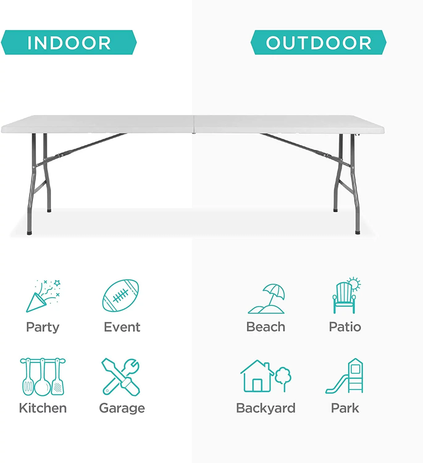 8ft Plastic Folding Table, Indoor Outdoor Heavy Duty Portable w/Handle, Lock for Picnic, Party, Pong, Camping - White