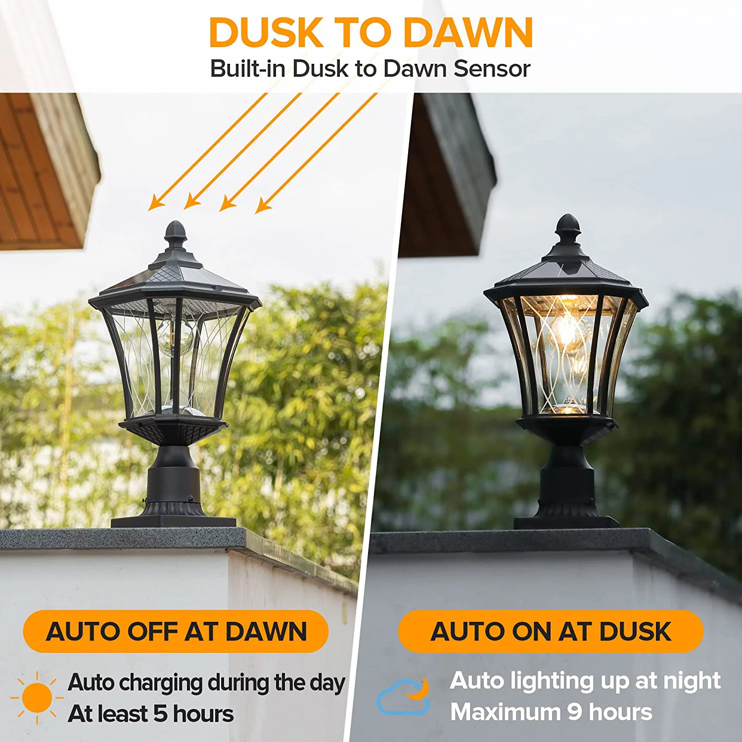 QINBI Outdoor Solar Lamp Post Light with Pier Mount Base, Dusk to Dawn Waterproof Pole Light Head with Patterned Glass, Exterior Black Solar Powered Fence Post Light Fixtures for Outside