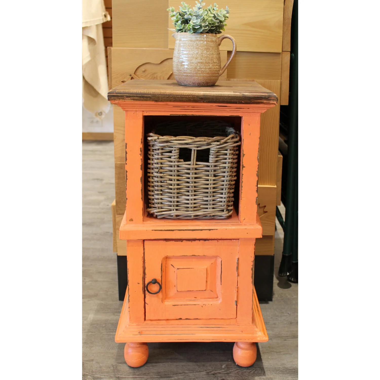 HomeStock End Table With Basket , Coral/Raftwood Brown Solid Wood , Fully Assembled