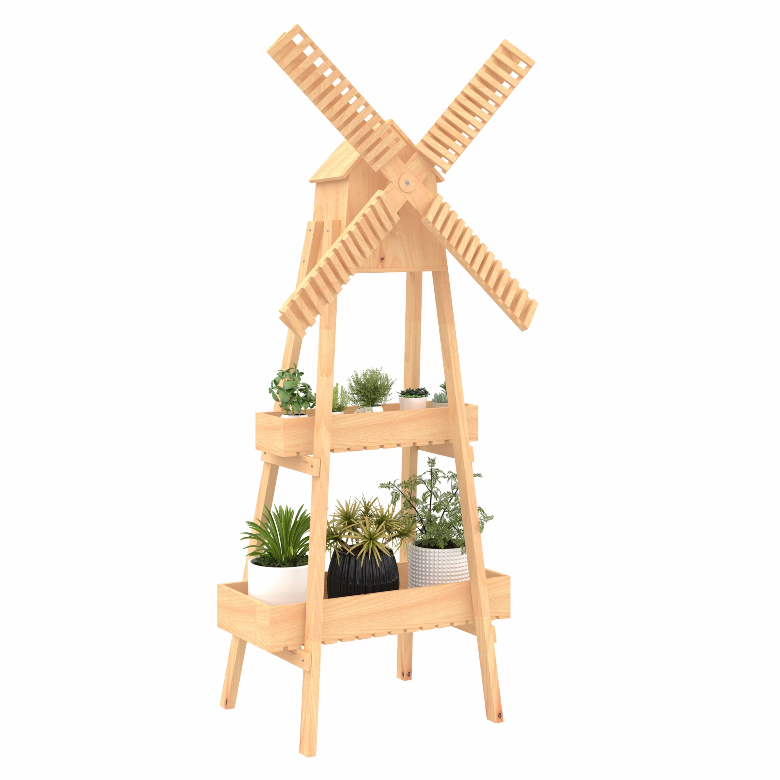 Outsunny 3' x 1' x 5' 2-Level Wooden Plant Shelf with Cute Windmill Design