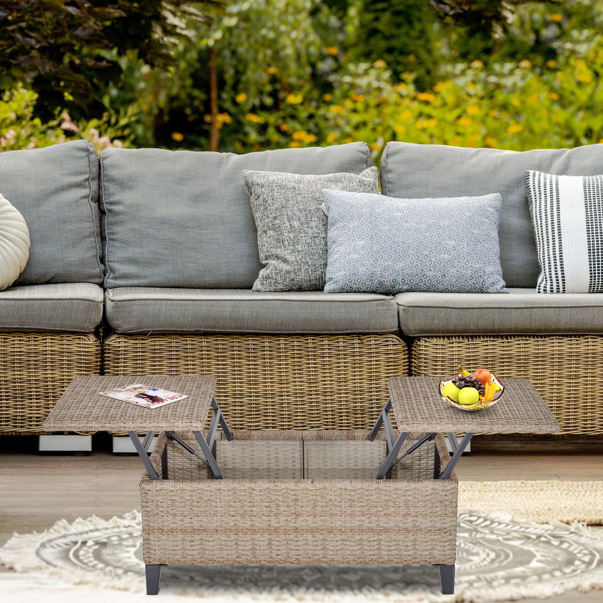 Outsunny PE Wicker Rattan Outdoor Coffee Table w/ Double Lift-Top Surface, Brown