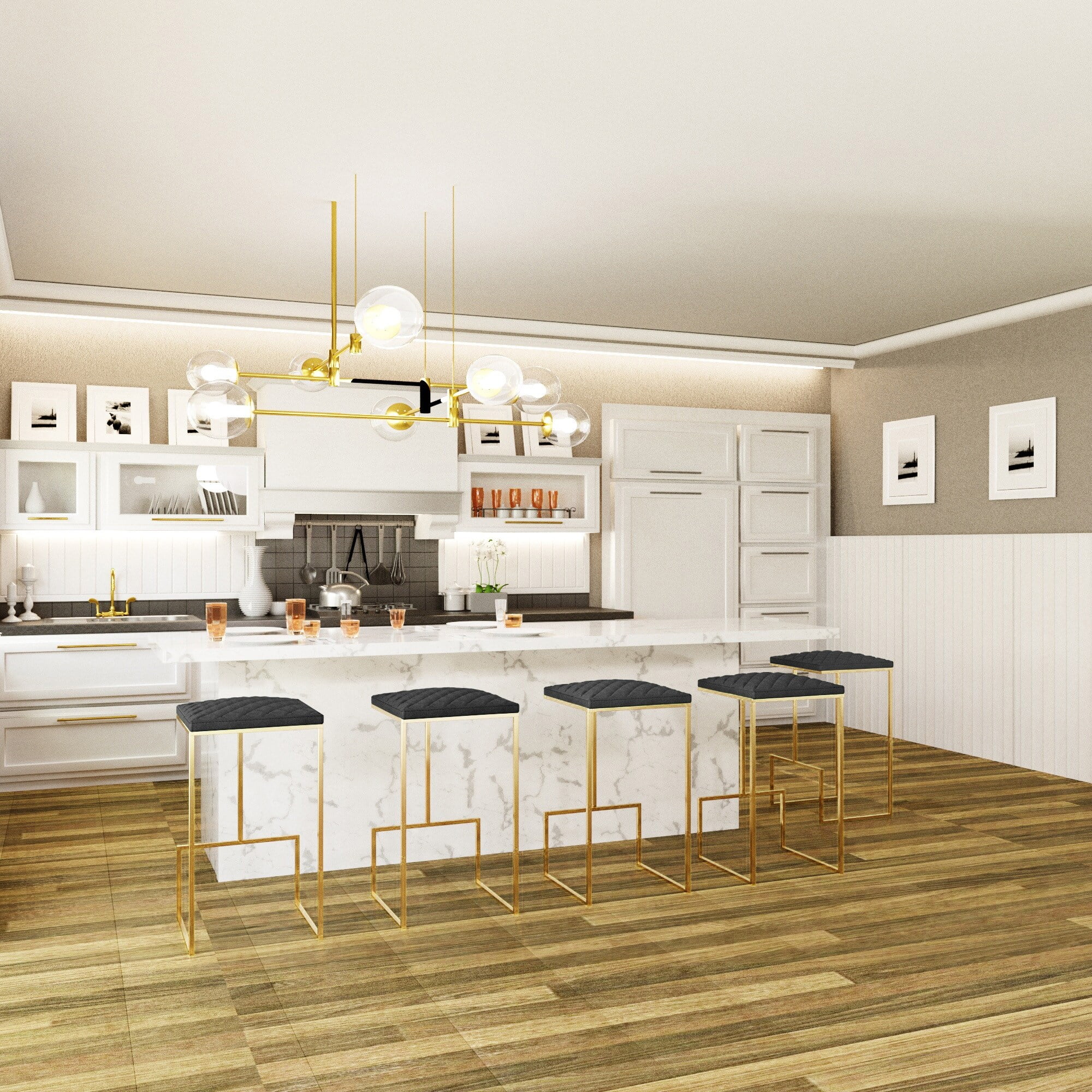 LeisureMod  Quincy Modern tufted Leather Barstool Gold Metal Frame Set of 2 - 29