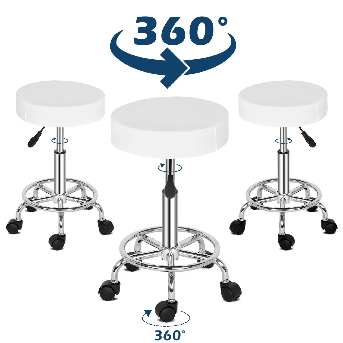OmySalon Adjustable Salon Chair Stool with 360-Degree Rolling Wheel White