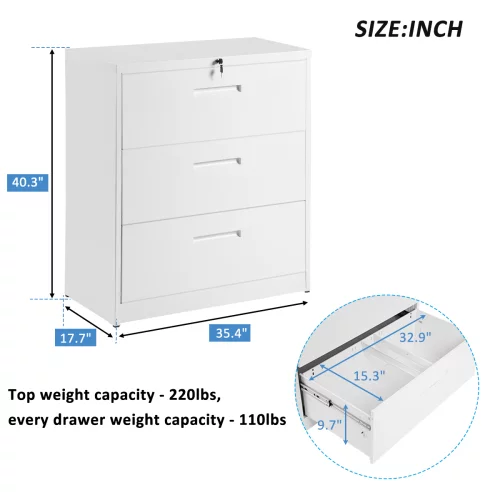 Wulawindy Lateral File Cabinet Lockable Heavy Duty Metal 3 Drawer File Cabinet