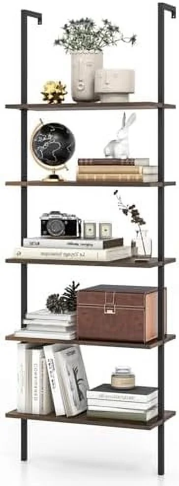 RSJIWOGZ 5 Tier Modern Wall Mounted Bookshelf  71''  and Gold Wood Bookcase with Steel Frame  Stand Display  Rack Organizer Ladder   Room  Kitchen