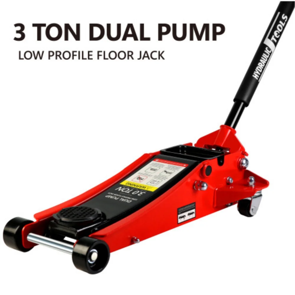 3t Low Profile Jack, Red and Black, Ultra Low Floor Jack with Dual Pistons Quick Lift Pump, Car Jack Hydraulic AutoLifts for Home Garage  Black+Red + Steel + 3T Dual pump + Lifting range 3.3