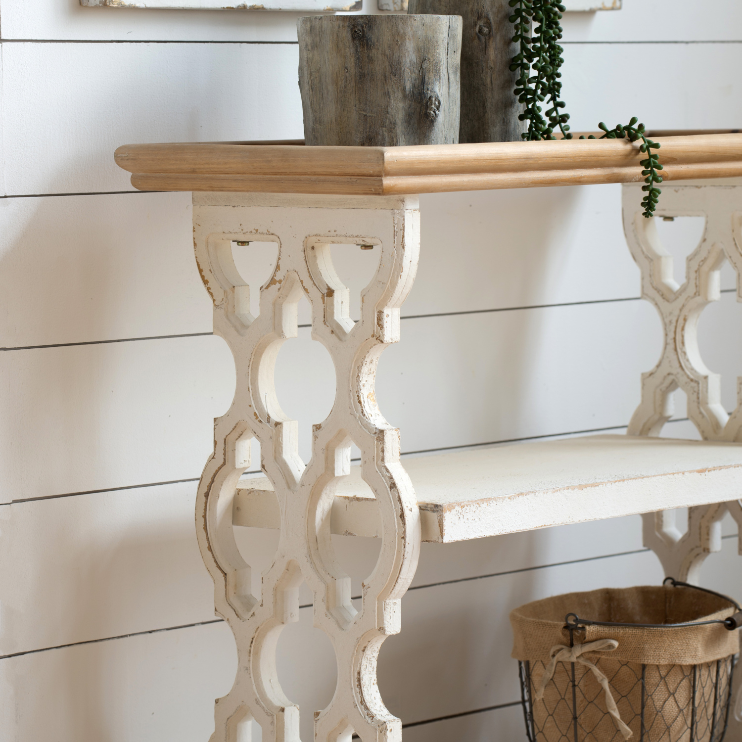 French Country Console Table with Distressed White and Natural Wood Shelf  35.5” x 14” x 32” Dimensions
