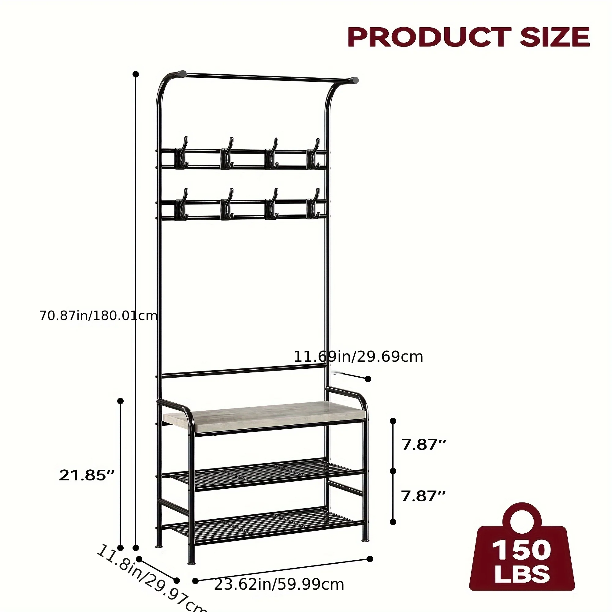 Coat Rack Shoe Bench, 3-in-1 Hall Tree Shoe Rack for Entryway, 3-Tier Storage Shelf and 8 Large Hooks Removable, Industrial Accent Furniture with Steel Frame, Multifunctional Hallway Organizer