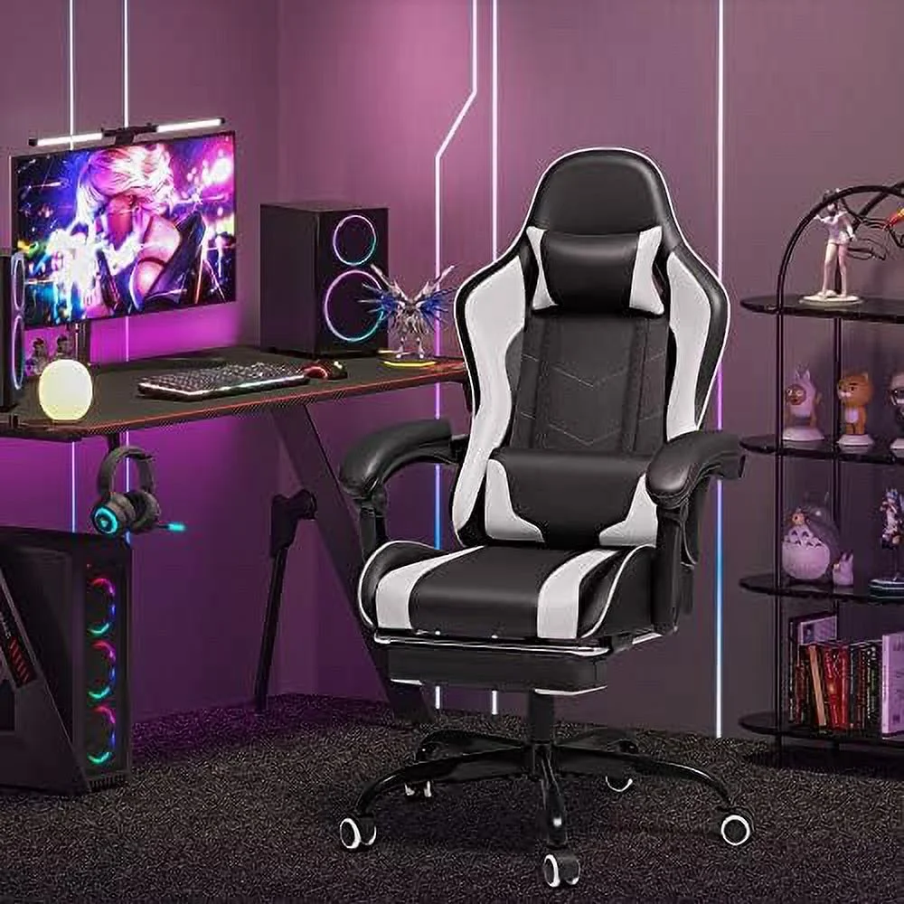 GEROBOOM Gaming Chair  Video Game Chair with Footrest and Massage Lumbar Support  Ergonomic Computer Chair Height Adjustable with Swivel Seat and Headrest (White)