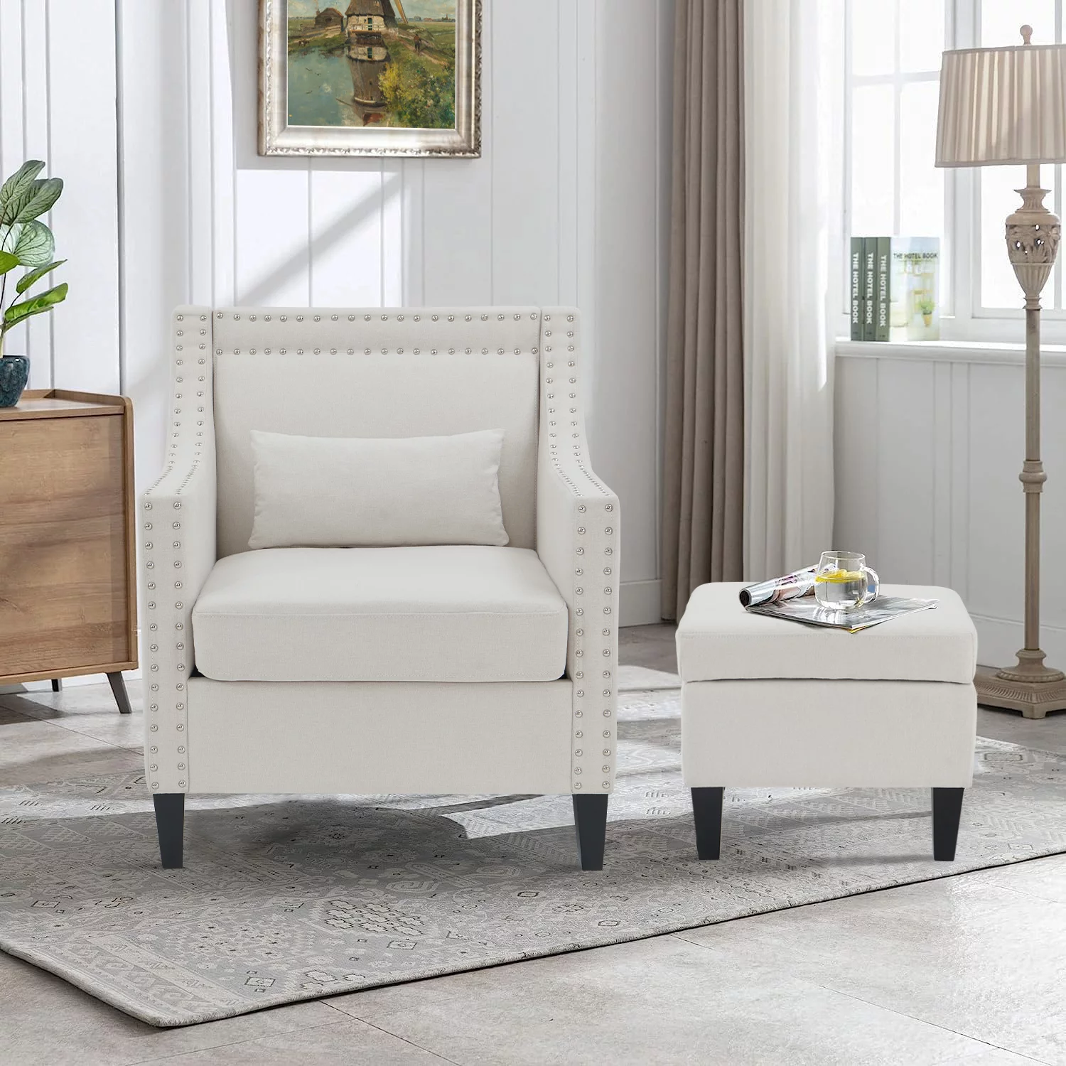 Kinmars Accent Chair with Ottoman Lumbar Pillow Set, Comfy Reading Armchair, Living Room, Home Office, Bedroom(Beige)