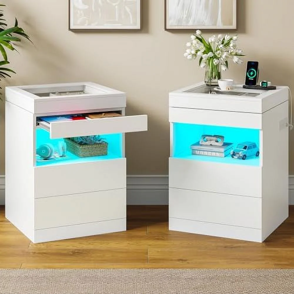 JYHOME LED Nightstand with Charging Station & Sliding Top  Black Night Stand with Glass Top & Jewelry Tray  Bedside Table with Drawers & Pull-Out Tray  Modern  End Table with