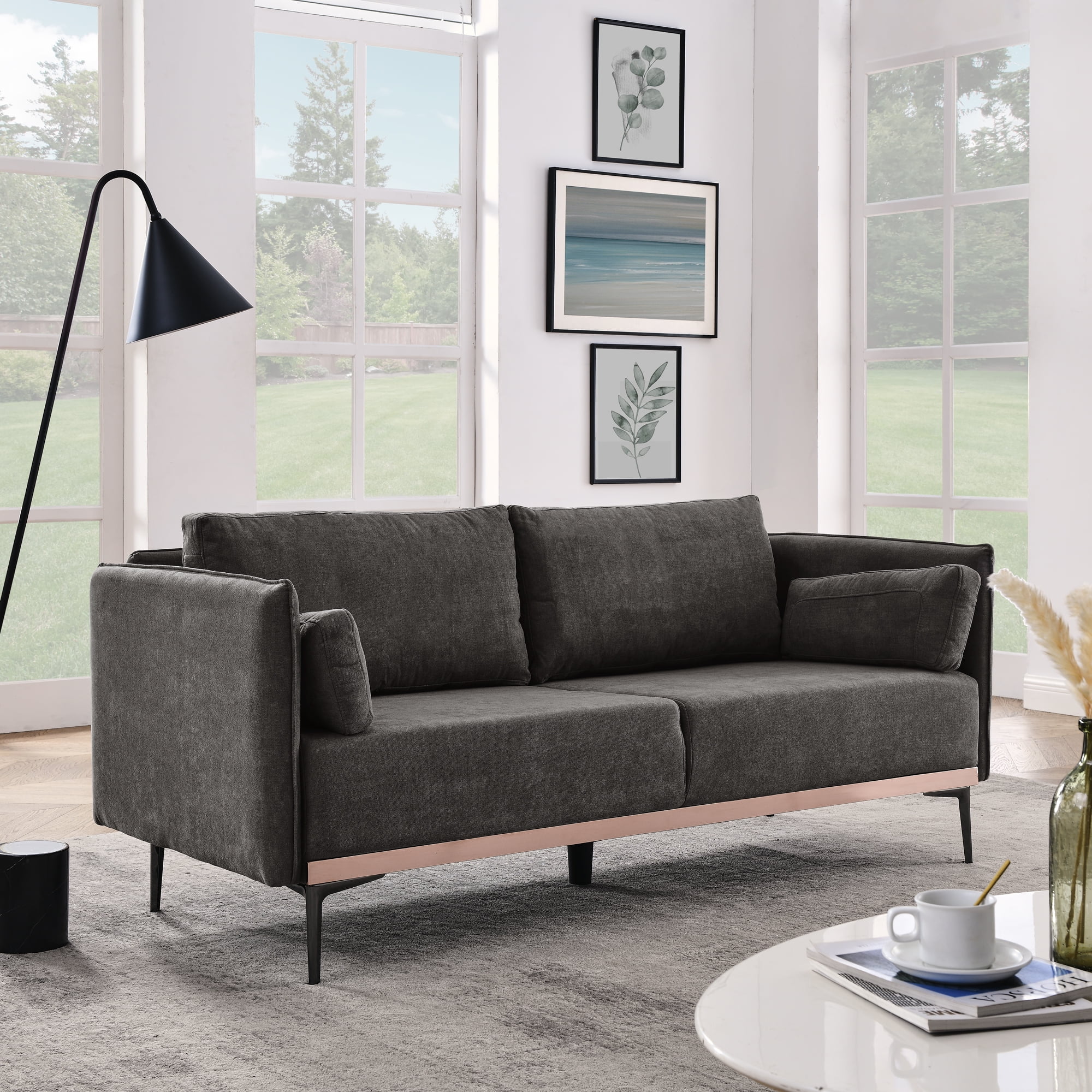 Homiyad Modern Sofa 3-Seat Couch with Stainless Steel Trim and Metal Legs for Living Room, Grey