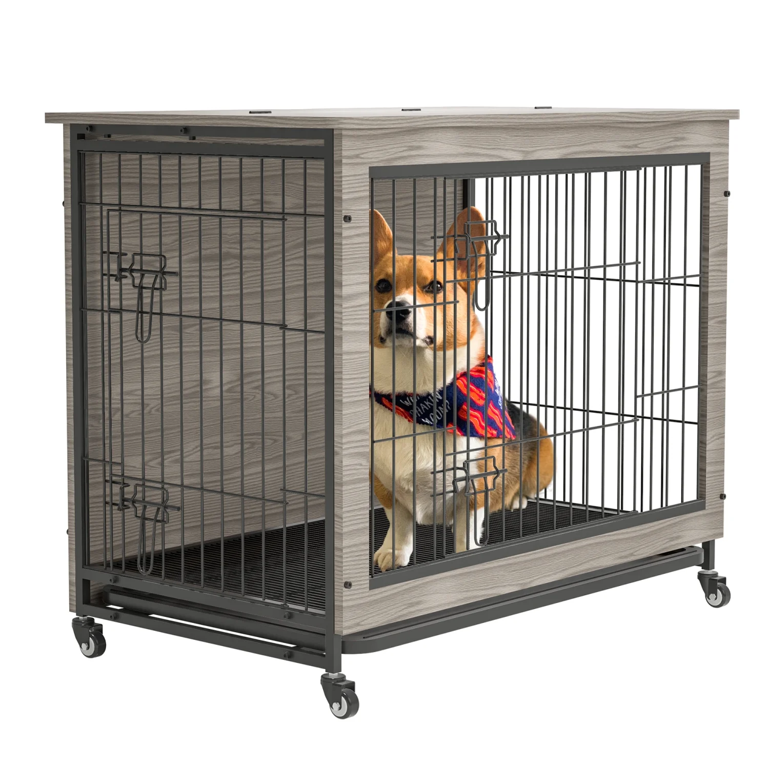 23.6”L X 20”W X 26”H Dog Crate Furniture with Cushion  Wooden Dog Crate Table  Double-Doors Dog Furniture  Dog Kennel Indoor for Small Dog  Dog House  Dog Cage Small  Rustic Brown Grey