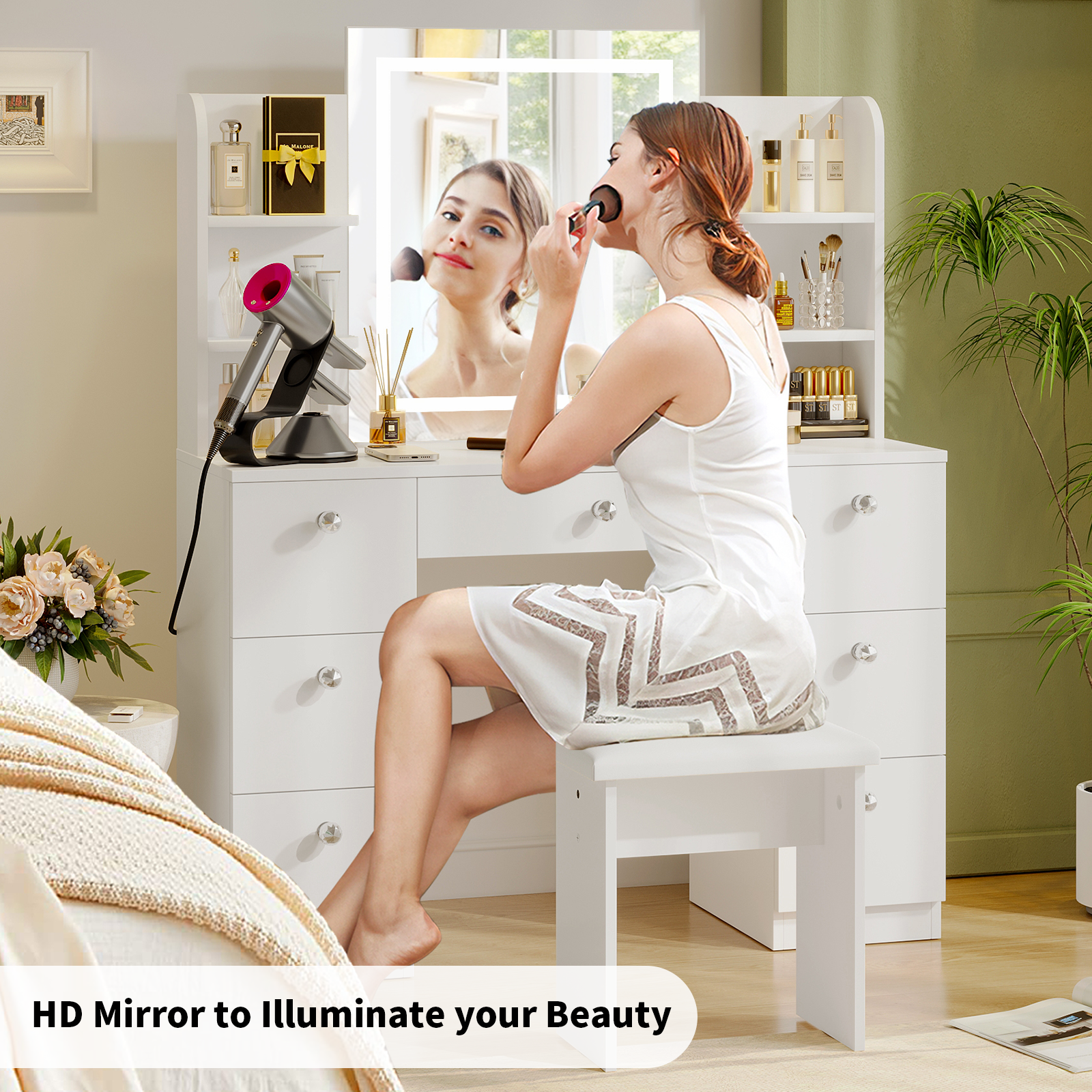 Richya Modern Makeup Vanity Table Set with 3 Colors Lighted Mirror & 7 Drawers and Power Strip for Bedroom & Bathroom,White