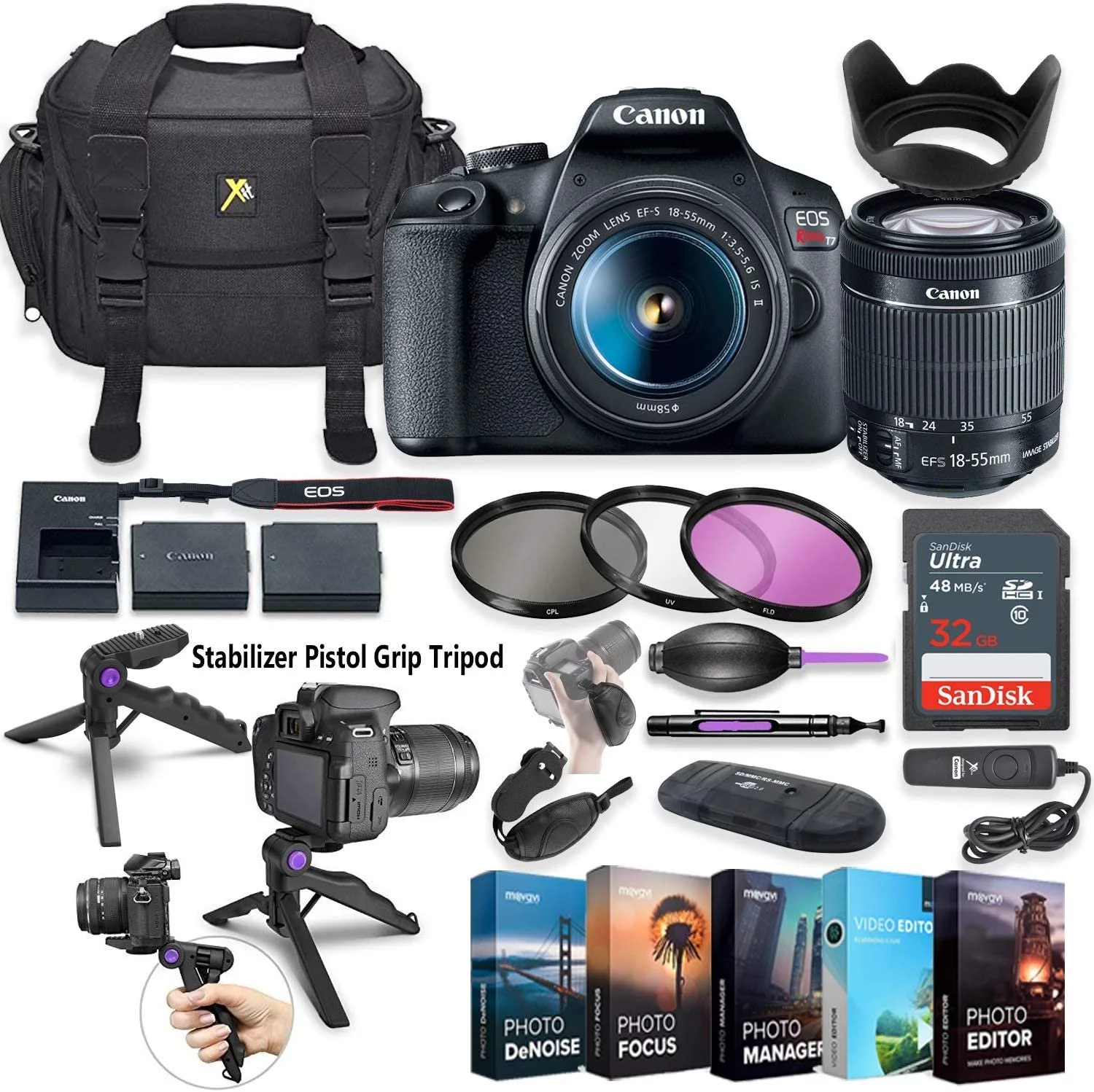 Canon EOS Rebel T7 DSLR Camera with 18-55mm Lens + 5 Photo/Video Editing Software Package & Accessory Kit