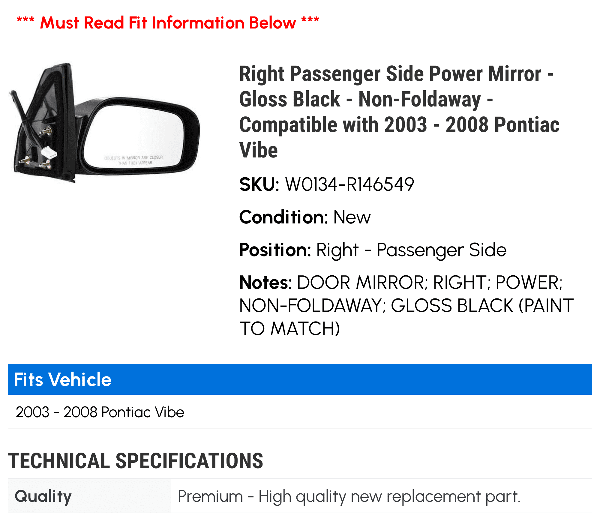 Right Passenger Side Power Mirror - Gloss Black - Non-Foldaway - Compatible with 2003 - 2008 Pontiac Vibe 2004 2005 2006 2007