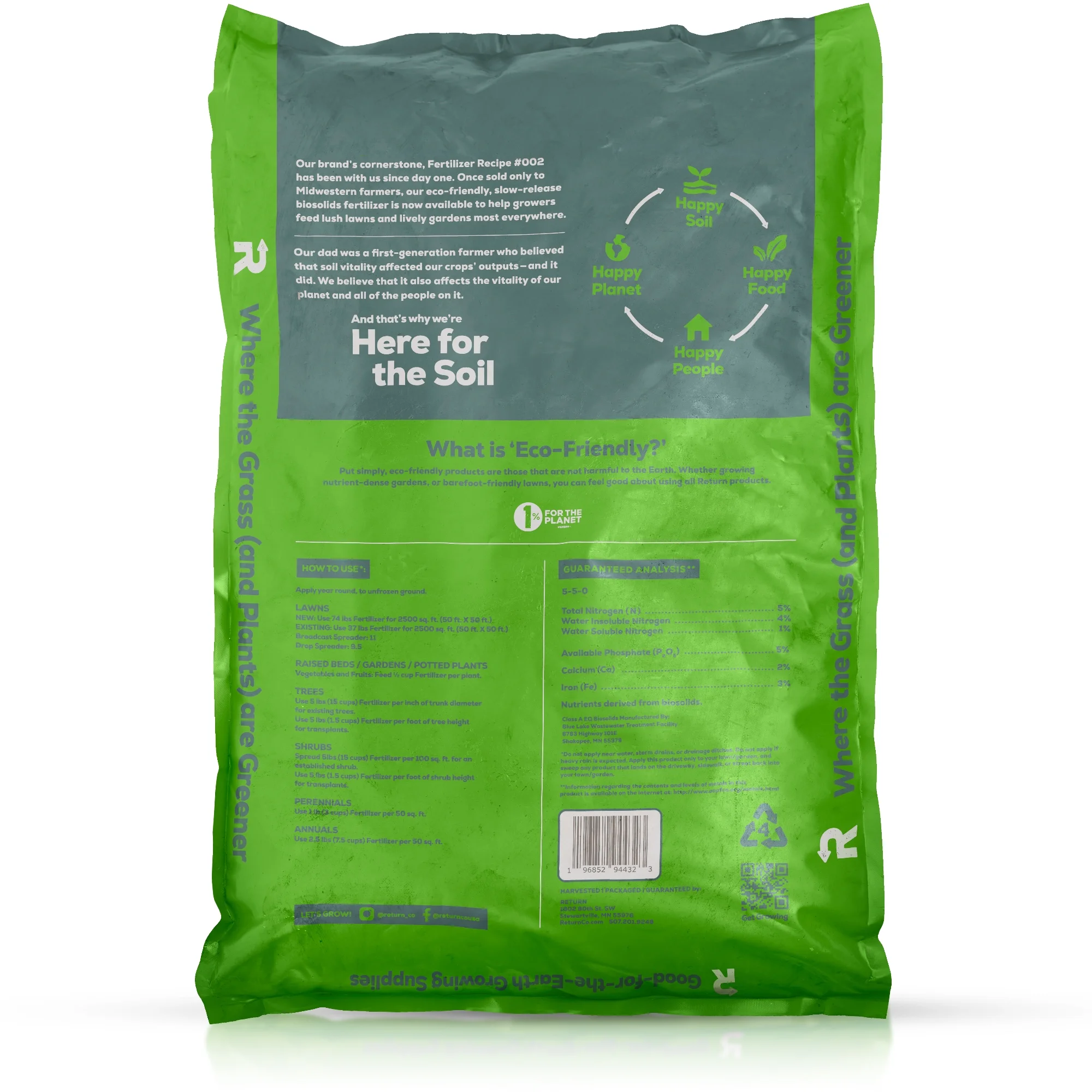 Return Fertilizer Recipe #002—37-LB Bag—Fertilizer for Grass, Plants, Flowers, and Vegetable Garden—Lawn Food for Green Grass, 3% Iron, Nature & Pet Safe, Eco-Friendly, NPK 5-5-0